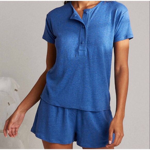 NWT - LUNYA 100% Linen Knit Henley Pajama Short Set, Blue, Sz XS - Picture 1 of 11